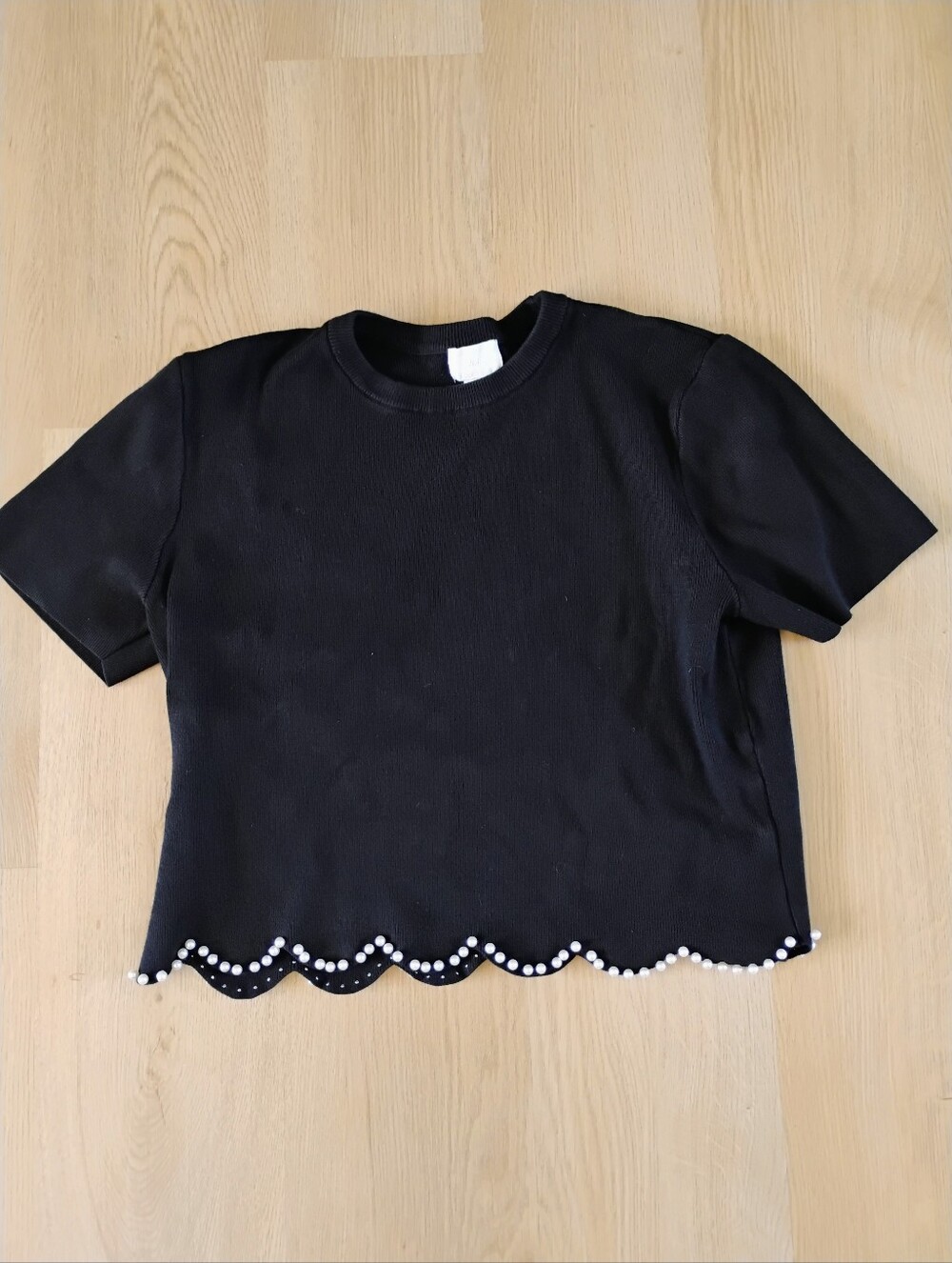 H&M Black Short Sleeve Top with Pearl Beaded Scallop Hem